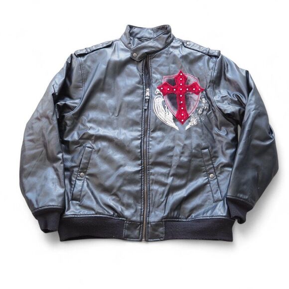 Raw Blue Vintage Y2K "Royal Dignity- Cross" Faux Leather Bomber Jacket Men's XL - Picture 1 of 10
